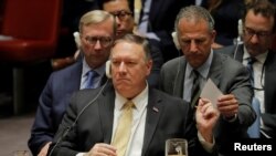 Menlu AS Mike Pompeo dalam rapat Dewan Keamanan PBB di Markas Besar PBB, New York, 20 Agustus 2019.
