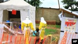 FILE - Health workers walk with a boy suspected of having been infected with the Ebola virus, at an Ebola treatment center in Beni, near Congo's border with Uganda, Sept. 9, 2018.