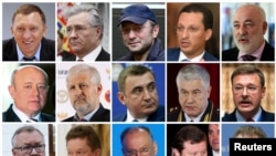 រូបថត​​សេដ្ឋី​និង​អ្នក​ជំនួញ​រុស្ស៊ី​ល្បីៗ​ និង​មន្ត្រី​មួយ​ចំនួន​ដែល​ស្ថិត​នៅ​ក្នុង​តារាង​ទណ្ឌកម្ម​របស់​ក្រសួង​រតនាគារ​អាមេរិក ដែល​គេ​បញ្ចេញ​កាល​ពី​ថ្ងៃ​ទី​៦ មេសា ២០១៨។