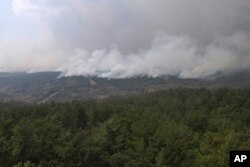 A wildfire burns a forest in Giannouli, in the northeastern Evros region of Greece, on Aug. 31, 2023. (e-evros.gr via AP)