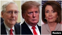 Dari kiri: Pemimpin Mayoritas Senat AS, Mitch McConnell, Presiden Donald Trump dan Ketua DPR AS, Nancy Pelosi.