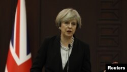 Britain's Prime Minister Theresa May speaks during a joint news conference with her Turkish counterpart Binali Yildirim (not pictured) in Ankara, Turkey, Jan. 28, 2017. 