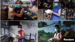 A combination picture shows the locals of Sindanglaya village, posing for pictures while holding a live chicken rewarded after receiving their first dose of a COVID-19 vaccine in West Java province, Indonesia, June 15, 2021. (REUTERS/Willy Kurniawan)