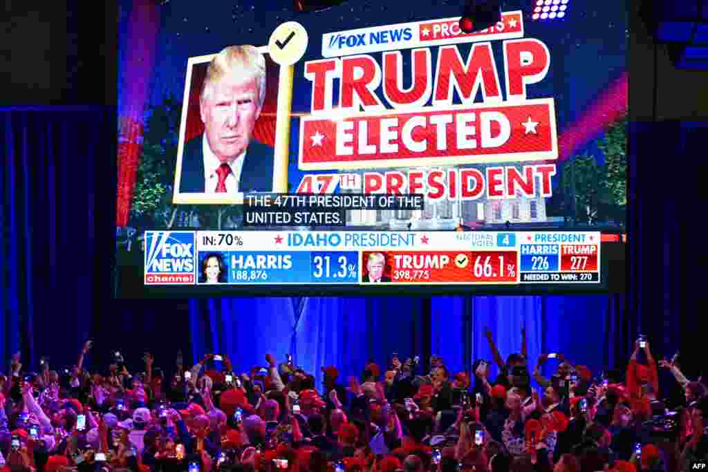Supporters of former U.S. President and Republican presidential candidate Donald Trump celebrate as Fox News declares him the next President of the United States during an election night event at the West Palm Beach Convention Center in West Palm Beach, Florida, early on Nov. 6, 2024.&nbsp;