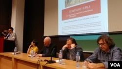 Učesnici tribine "Pravosuđe i kriza" u sklopu tribina "Nije filozofski ćutati", na Filozofskom fakultetu u Beogradu, 21. marta 2019.