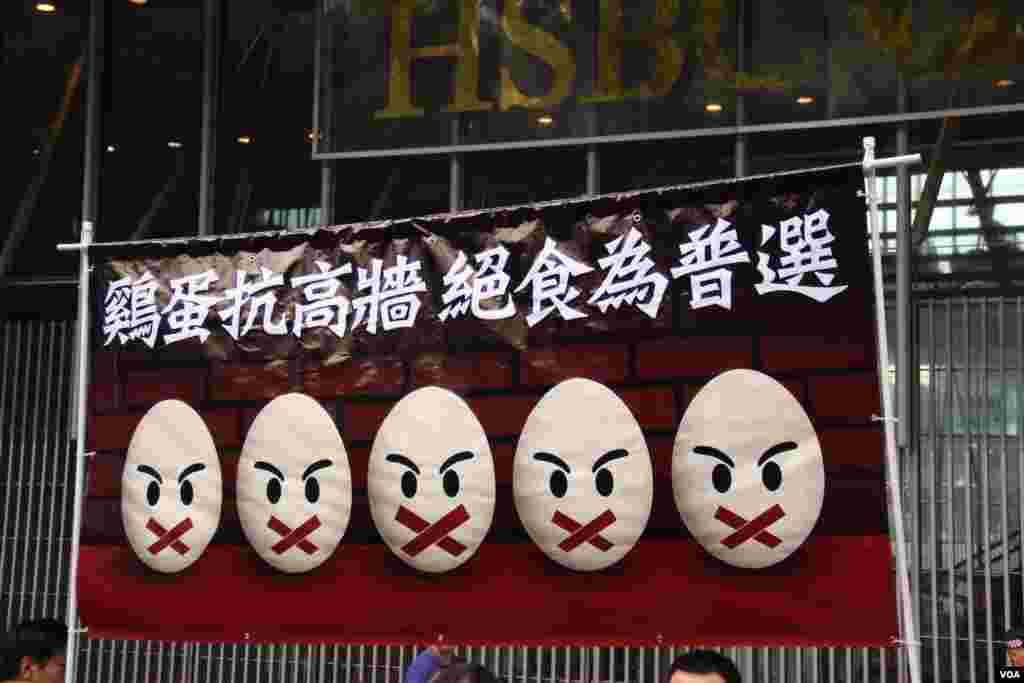 泛民发起&ldquo;鸡蛋抗高墙，绝食为普选&rdquo;的绝食行动(美国之音海彦拍摄)