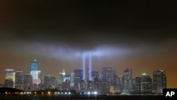 The "Tribute in Lights" in New York on September 11, 2011, marking the tenth anniversary of the destruction of the Twin Towers of the World Trade Center