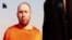 An image grab taken from a video released by the Islamic State (IS) and identified by private terrorism monitor SITE Intelligence Group purportedly shows U.S. freelance writer Steven Sotloff dressed in orange and on his knees in a desert landscape speaking to the camera before being beheaded by a masked militant (R).