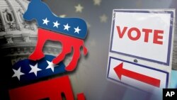 미국 민주당의 상징인 당나귀(위)와 공화당 상징인 코끼리(아래). 오른쪽은 투표장 안내 표지. 
