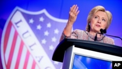 Democratic presidential candidate Hillary Clinton speaks at the 87th League of United Latin American Citizens National Convention at the Washington Hilton in Washington, July 14, 2016. 
