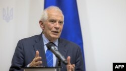 호세프 보렐 유럽연합(EU) 외교·안보 정책 고위 대표가 지난 7일 우크라이나 수도 크이우(러시아명 키예프)에서 회견하고 있다. (자료사진)