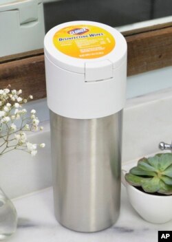 This photo shows Clorox's stainless steel wipe container designed for use with Loop. (Dara Rackley/TerraCycle via AP)