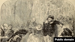 A fanciful 1875 imagining of Pocahontas' presentation in the royal British court.