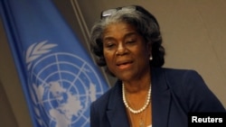 린다 토머스-그린필드 유엔 주재 미국 대사가 뉴욕에서 기자회견하고 있다. (자료사진)