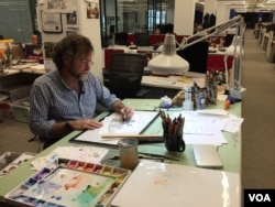 Matt Wuerker, a Pulitzer-Prize winning cartoonist at Politico, creates an average of three cartoons a week. (J.Taboh/VOA)
