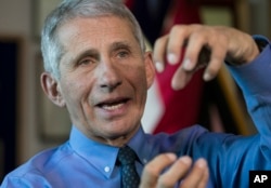 FILE - Dr. Anthony Fauci, director of the National Institute for Allergy and Infectious Diseases, speaks during an interview in his office at the National Institutes of Health in Bethesda, Maryland, Dec. 19, 2017.