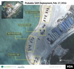 Satellite imagery analysis by geopolitical intelligence firm Stratfor shows probable surface-to-air launcher batteries and associated radar by China on Woody Island in the South China Sea. (Courtesy of Stratfor)