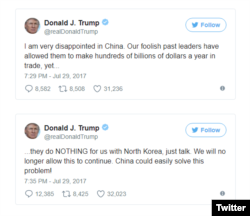 도널드 트럼프 미국 대통령이 29일 트위터에 올린 중국 비판 글.