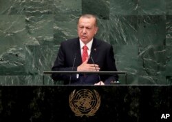 Turkey's President Recep Tayyip Erdogan addresses the 73rd session of the United Nations General Assembly, at U.N. headquarters, Sept. 25, 2018.