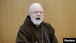 FILE - US Cardinal Sean O'Malley speaks during the 'Safeguarding in Homes and Schools'" seminar at the Pontifical Gregorian University in Rome, March 23, 2017. The cardinal is stepping down as the Archbishop of Boston, the Vatican announced Monday.