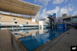 The Maria Lenk Aquatics Center, which will host the synchronized swimming and diving competitions during the 2016 Olympic Games, is seen during a presentation to the press in Rio de Janeiro, Brazil, Feb. 12, 2016.