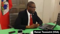 Haitian Senate Leader Carl Murat Cantave holds a midday press conference in Port-au-Prince, Haiti, Feb. 14, 2019.