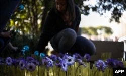 Amnesty International activists place flowers outside the Russian Consulate in protest against the persecution of gay men in Chechnya, in Sao Paulo, Brazil on June 16, 2017.