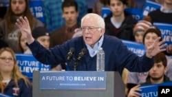 Democratic presidential candidate Sen. Bernie Sanders speaks during a campaign stop at the Franklin Pierce University Fieldhouse, Feb. 6, 2016, in Rindge, N.H.