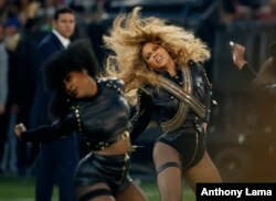 Beyonce performs during halftime of the NFL Super Bowl 50 football game in Santa Clara, Calif.