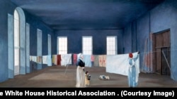 Abigail Adams hanging laundry in the White House East Room.