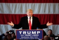 Republican presidential candidate Donald Trump speaks during a rally at JetSmart Aviation Services, in Rochester, N.Y., April 10, 2016.