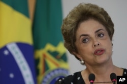 FILE - Brazil's President Dilma Rousseff speaks during a meeting at the Planalto Presidential Palace, in Brasilia, Brazil, Wednesday, April 13, 2016.