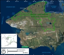 This 2011 satellite image map shows the location of Shishmaref on the northwest coast of Alaska's Seward Peninsula.