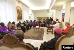 Pope Francis attends a meeting at the end of a two day Spiritual retreat with South Sudan leaders at the Vatican, April 11, 2019.