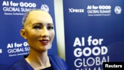 Sophia, a robot integrating the latest technologies and artificial intelligence developed by Hanson Robotics is pictured during a presentation at the "AI for Good" Global Summit at the International Telecommunication Union (ITU) in Geneva, Switzerland ,Ju