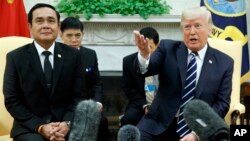 FILE - President Donald Trump speaks during a meeting with Thai Prime Minister Prayuth Chan-ocha in the Oval Office of the White House, in Washington, Oct. 2, 2017.