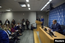 Russian Foreign Minister Sergei Lavrov addresses the media during the United Nations General Assembly at the United Nations in Manhattan, New York, Oct. 1, 2015.