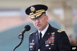 FILE - Gen. Robert Abrams speaks at Camp Humphreys in Pyeongtaek, South Korea, Nov. 8, 2018.