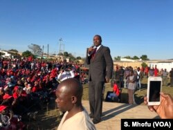 Nelson Chamisa, who is leading the coalition of most opposition parties in Zimbabwe, addresses members of the Movement for Democratic Change in Masvingo, June 9, 2018, about 300 km south of Harare.