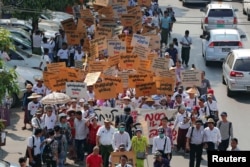 Activists protest against government-backed amendments to Myanmar's protest law, in Yangon, Myanmar, March 5, 2018.