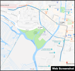A map showing the route from Salisbury train station to the cathedral the men claimed they wanted to visit.