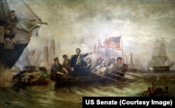 This 1865 painting Perry's Victory on Lake Erie by artist William Henry Powell depicts the moment when Captain Oliver Hazard Perry made his way from the destroyed battleship Lawrence to the Niagara. It inspired the phrase “Don’t give up the ship."