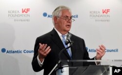 Secretary of State Rex Tillerson speaks at the 2017 Atlantic Council-Korea Foundation Forum in Washington, Dec. 12, 2017.