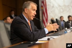 FILE - Sen. Thom Tillis, R-N.C., is shown on Capitol Hill in Washington, D.C., Jan. 28, 2015.