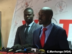 FILE - Nelson Chamisa, Zimbabwe’s opposition leader and candidate in the country's July 30 presidential election, talks to reporters in Harare, Aug. 20, 2018.