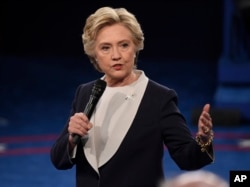 Democratic presidential nominee Hillary Clinton speaks during the second presidential debate at Washington University in St. Louis, Sunday, Oct. 9, 2016.