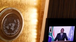 South Africa's President Ramaphosa delivers a pre-recorded statement at a high-level meeting to commemorate the twentieth anniversary of the adoption of the Durban Declaration, as part of the UN General Assembly 76th session General Debate, at UN Headqua