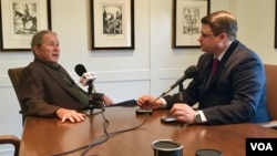 Former president George W. Bush is interviewed by VOA's Kane Farabaugh at the Bush Presidential Museum in Dallas, Texas.