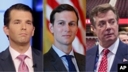 From left, President Donald Trump's son Donald Trump Jr., son-in-law Jared Kushner and former campaign chairman Paul Manafort.