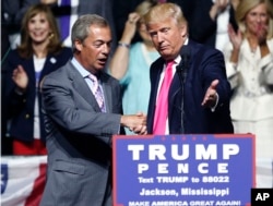 FILE - Republican presidential candidate Donald Trump, right, welcomes pro-Brexit British politician Nigel Farage to speak at a campaign rally in Jackson, Mississippi, Aug. 24, 2016.